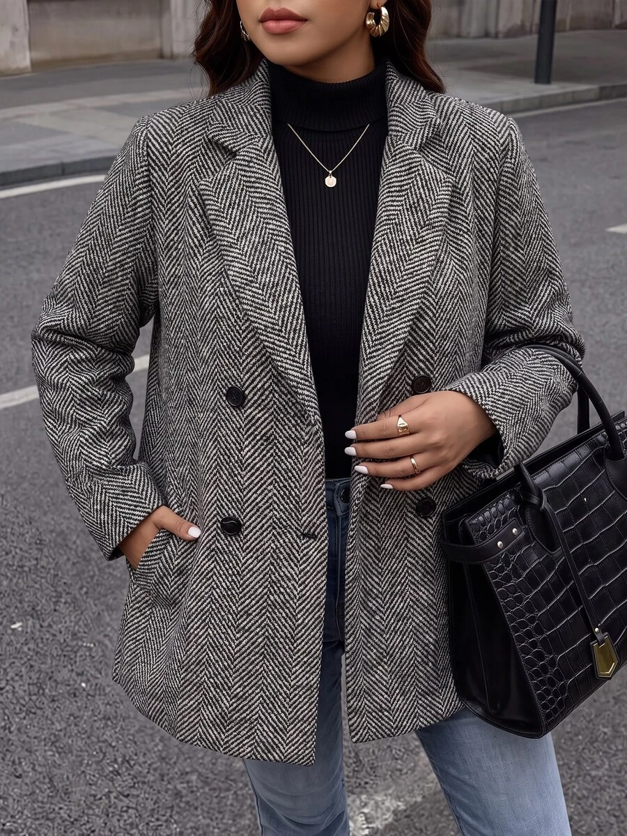 Chikora Plus Size Autumn/Winter Casual Double-Breasted Wool Blend Coat - Grey - View 1