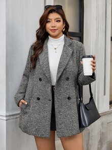Chikora Plus Size Autumn/Winter Casual Double-Breasted Wool Blend Coat - Grey - View 5