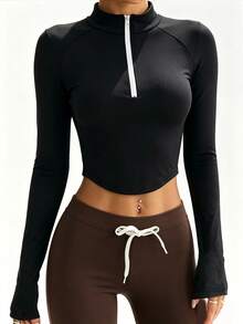 Slayform Women's Slim Fit Curved Hem Cropped Athletic Top, Half Zip Stand Collar Raglan Long Sleeve Thermal Base Layer, Fall Workout Outfit, Black Top - Black - View 6