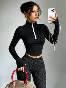 Slayform Women's Slim Fit Curved Hem Cropped Athletic Top, Half Zip Stand Collar Raglan Long Sleeve Thermal Base Layer, Fall Workout Outfit, Black Top - Black - View 5