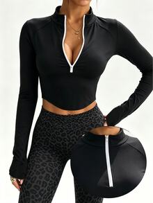 Slayform Women's Slim Fit Curved Hem Cropped Athletic Top, Half Zip Stand Collar Raglan Long Sleeve Thermal Base Layer, Fall Workout Outfit, Black Top - Black - View 4