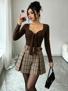 SHEIN Elenzya New Knit Square Neck Ruched Chest Long Sleeve Top & Woven Plaid Ruched Shorts, Elegant Versatile Casual Commute Women 2 Pieces Set - Brown - View 4