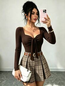 SHEIN Elenzya New Knit Square Neck Ruched Chest Long Sleeve Top & Woven Plaid Ruched Shorts, Elegant Versatile Casual Commute Women 2 Pieces Set - Brown - View 7