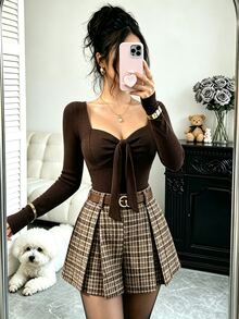 SHEIN Elenzya New Knit Square Neck Ruched Chest Long Sleeve Top & Woven Plaid Ruched Shorts, Elegant Versatile Casual Commute Women 2 Pieces Set - Brown - View 6