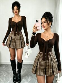 SHEIN Elenzya New Knit Square Neck Ruched Chest Long Sleeve Top & Woven Plaid Ruched Shorts, Elegant Versatile Casual Commute Women 2 Pieces Set - Brown - View 1