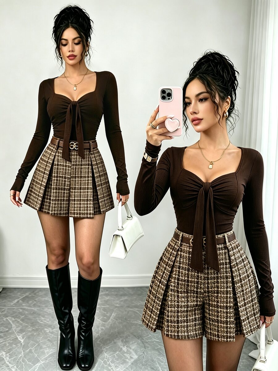 SHEIN Elenzya New Knit Square Neck Ruched Chest Long Sleeve Top & Woven Plaid Ruched Shorts, Elegant Versatile Casual Commute Women 2 Pieces Set - Brown - View 1
