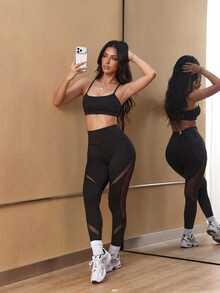 Slayform Slayform Women's High Waist Black Mesh Panel Workout Leggings, Stretch Compression Yoga Pants, Breathable Athletic Gym Tights - Black - View 7
