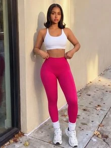 SHEIN Core Rhythm Women's Solid Color High Waist Daily Fitness Sports Leggings - Hot Pink - View 6