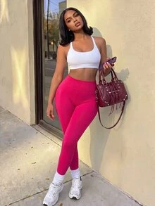 SHEIN Core Rhythm Women's Solid Color High Waist Daily Fitness Sports Leggings - Hot Pink - View 1