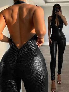 SHEIN SXY 女款掛脖V領性感修身拉鍊連身褲，黑色，適合萬聖節、夜店外出的秋冬款 - 黑色 - 查看 1