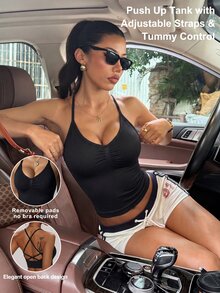 SHEIN Sports Women's Solid Color Pleated Halter Neck Sports Tank Top For Daily Fitness - Black - View 4