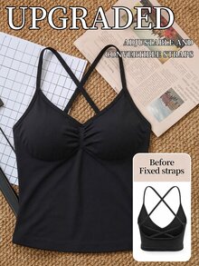 SHEIN Sports Women's Solid Color Pleated Halter Neck Sports Tank Top For Daily Fitness - Black - View 2