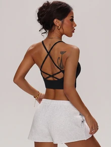 SHEIN Sports Women's Solid Color Pleated Halter Neck Sports Tank Top For Daily Fitness - Black - View 3