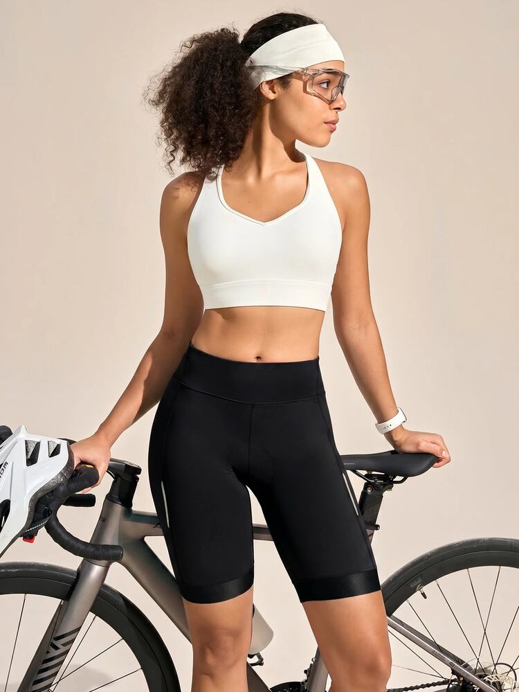 SHEIN Sports شورت دراجات نسائي بلون موحد بقصة ضيقة - الأسود - مشاهدة 6