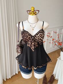 Comfortcana Atasan Camisole Patchwork Motif Leopard untuk Wanita Ukuran Besar di Musim Panas - MultiWarna - View 5