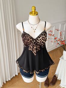 Comfortcana Atasan Camisole Patchwork Motif Leopard untuk Wanita Ukuran Besar di Musim Panas - MultiWarna - View 3