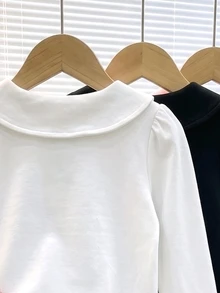 3件組女童學院風愛心鈕扣彼得潘領 Polo 衫，可愛泡泡袖純色長袖 T-shirt - 白色 - 查看 6