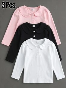 3件組女童學院風愛心鈕扣彼得潘領 Polo 衫，可愛泡泡袖純色長袖 T-shirt - 白色 - 查看 1