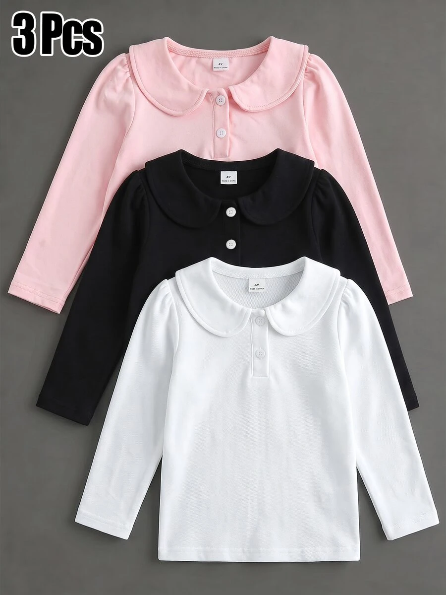 3件組女童學院風愛心鈕扣彼得潘領 Polo 衫,可愛泡泡袖純色長袖 T-shirt - 白色 - 查看 1