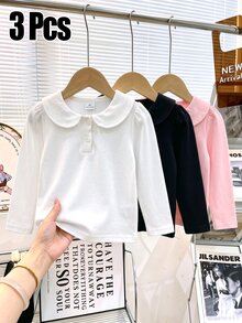 3件組女童學院風愛心鈕扣彼得潘領 Polo 衫，可愛泡泡袖純色長袖 T-shirt - 白色 - 查看 5