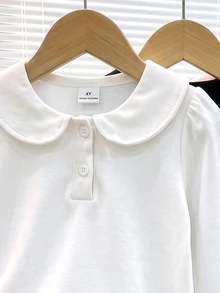 3件組女童學院風愛心鈕扣彼得潘領 Polo 衫，可愛泡泡袖純色長袖 T-shirt - 白色 - 查看 7