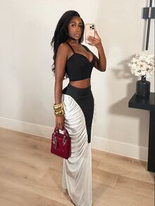 BamGleam Colorblock Pleated High Waist Design Slimming Bodycon Pencil Skirt Party Going Out White And Black Summer Sexy - Black and White - View 9