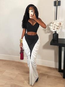 BamGleam Colorblock Pleated High Waist Design Slimming Bodycon Pencil Skirt Party Going Out White And Black Summer Sexy - Black and White - View 6