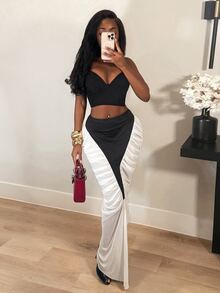 BamGleam Colorblock Pleated High Waist Design Slimming Bodycon Pencil Skirt Party Going Out White And Black Summer Sexy - Black and White - View 7