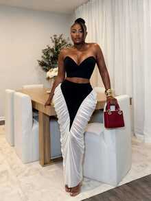 BamGleam Colorblock Pleated High Waist Design Slimming Bodycon Pencil Skirt Party Going Out White And Black Summer Sexy - Black and White - View 5