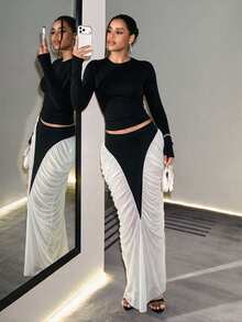 BamGleam Colorblock Pleated High Waist Design Slimming Bodycon Pencil Skirt Party Going Out White And Black Summer Sexy - Black and White - View 4
