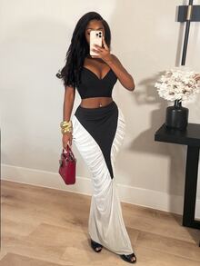 BamGleam Colorblock Pleated High Waist Design Slimming Bodycon Pencil Skirt Party Going Out White And Black Summer Sexy - Black and White - View 8