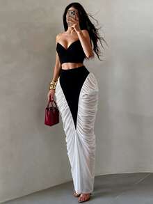 BamGleam Colorblock Pleated High Waist Design Slimming Bodycon Pencil Skirt Party Going Out White And Black Summer Sexy - Black and White - View 2