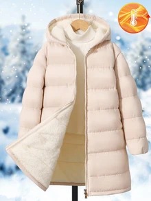 SHEIN 1件青少年女孩休閒可愛街頭風加厚外套，長袖，抓絨，中長版，適合秋冬穿搭 - 杏色 - 查看 7