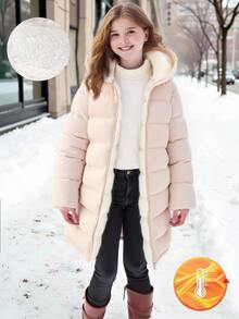 SHEIN 1件青少年女孩休閒可愛街頭風加厚外套，長袖，抓絨，中長版，適合秋冬穿搭 - 杏色 - 查看 3