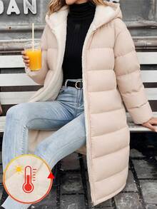 SHEIN 1件青少年女孩休閒可愛街頭風加厚外套，長袖，抓絨，中長版，適合秋冬穿搭 - 杏色 - 查看 2