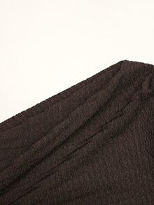 SHEIN 青少年女孩 2 件式休閒咖啡色金屬花飾百褶不對稱設計修身針織長袖上衣與喇叭褲套裝，適合日常戶外、旅行、機場、休閒穿著 - 棕色 - 查看 7