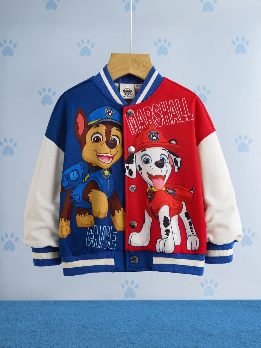 SHEIN | PAW Patrol Chaqueta de béisbol de ajuste holgado con gráfico de perro en bloques de color para niño, otoño/invierno - Multicolor - Ver 1