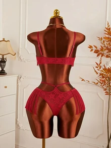 MidnightGlam Sexy Lace Lingerie Set (Wireless, Triangle Panty) 2-Piece Set - Burgundy - View 2