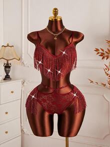 MidnightGlam Sexy Lace Lingerie Set (Wireless, Triangle Panty) 2-Piece Set - Burgundy - View 6