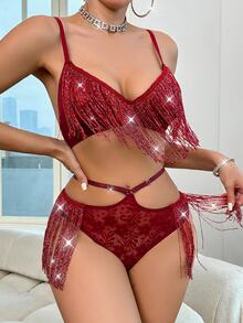 MidnightGlam Sexy Lace Lingerie Set (Wireless, Triangle Panty) 2-Piece Set - Burgundy - View 4