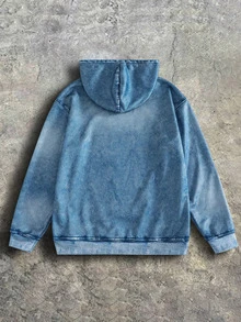 SHEIN 男童仿牛仔圖案袖子運動衫，青少年男童牛仔風拼色秋冬運動衫，秋季穿搭，秋季服飾，秋冬套頭衫 - 藍色 - 查看 2