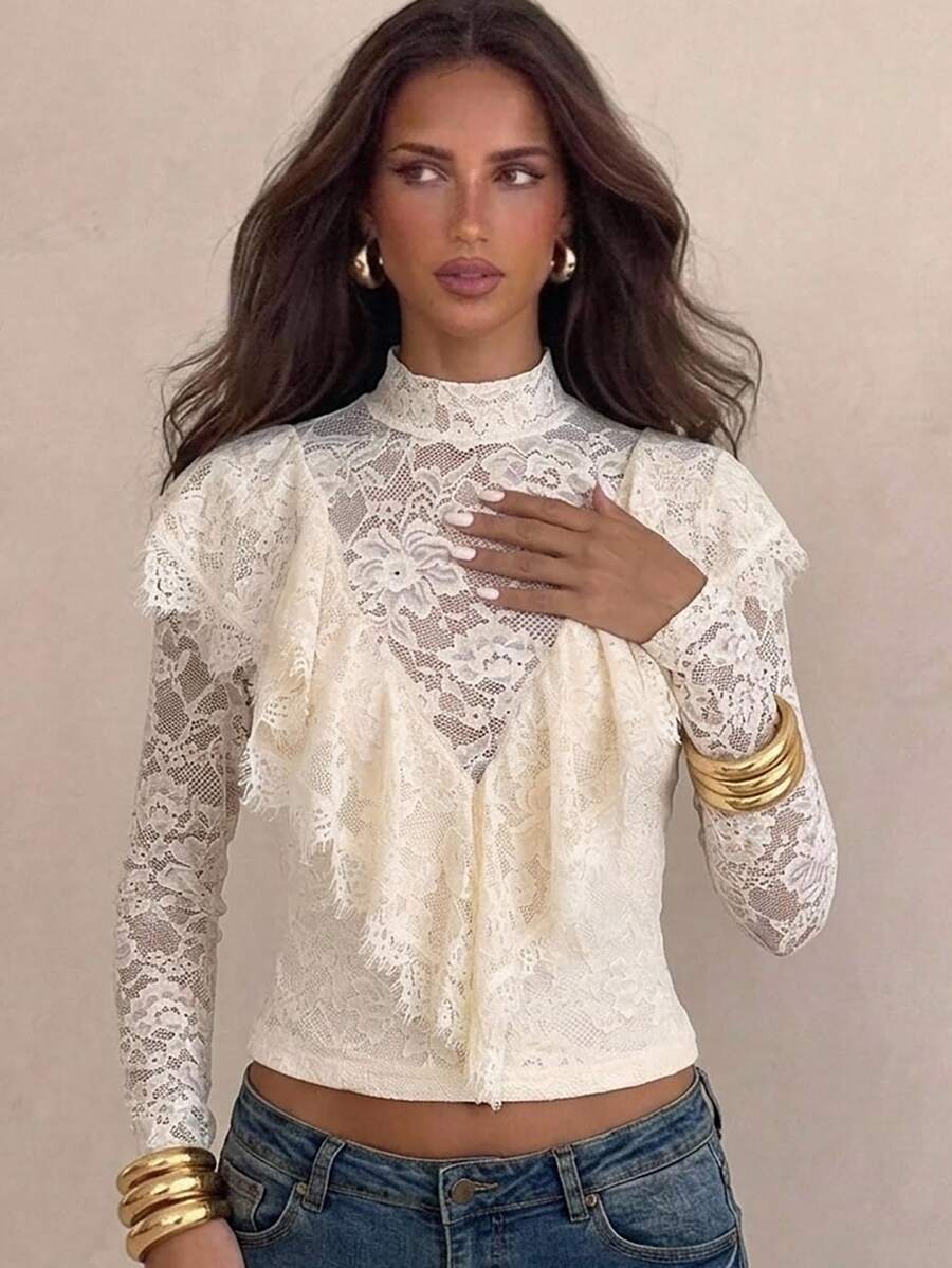 Aloruh Women's Autumn/Winter Lace Ruffle Collar Long Sleeve Top