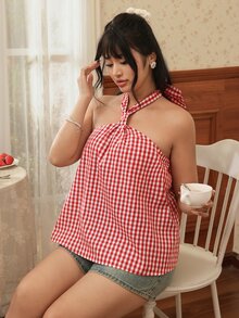 CovetEZ 春夏新款红白格子亚麻印花吊带系带宽松休闲上衣，适合大码女性 - 彩色 - 查看 6