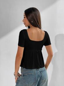 CovetEZ 大码女式休闲方领短袖黑色T恤上衣，夏季 - 黑色 - 查看 2