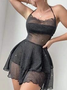 SHEIN Swim 金屬亮絲網紗吊脖罩衫連衣裙不附比基尼 - 黑色 - 查看 1