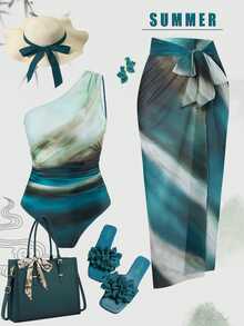 Swim Oasis 1pc Plus Size Tie Dye Print One Shoulder One-Piece Swimsuit And Cover Up Skirt Beach Wear For Women, For Summer Vacation - Multicolor - View 1