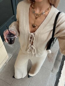 Livesso Bộ 2 món áo tay dài và quần len màu trơn cho nữ - Màu be - Xem 5