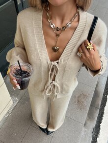 Livesso Bộ 2 món áo tay dài và quần len màu trơn cho nữ - Màu be - Xem 7