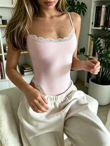 INAWLY French Lace Patchwork Camisole Camisole Lounge Night Out Blush Pink Summer Sexy Cute - Baby Pink - View 4