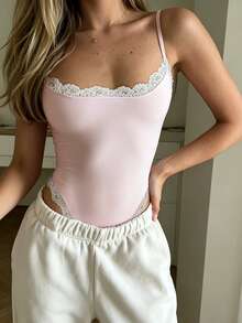 INAWLY French Lace Patchwork Camisole Camisole Lounge Night Out Blush Pink Summer Sexy Cute - Baby Pink - View 3